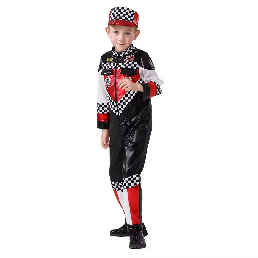 Race Car Driver Costume – Boys Size 140/L (US Age 9–10), Jumpsuit + Cap -Driver
